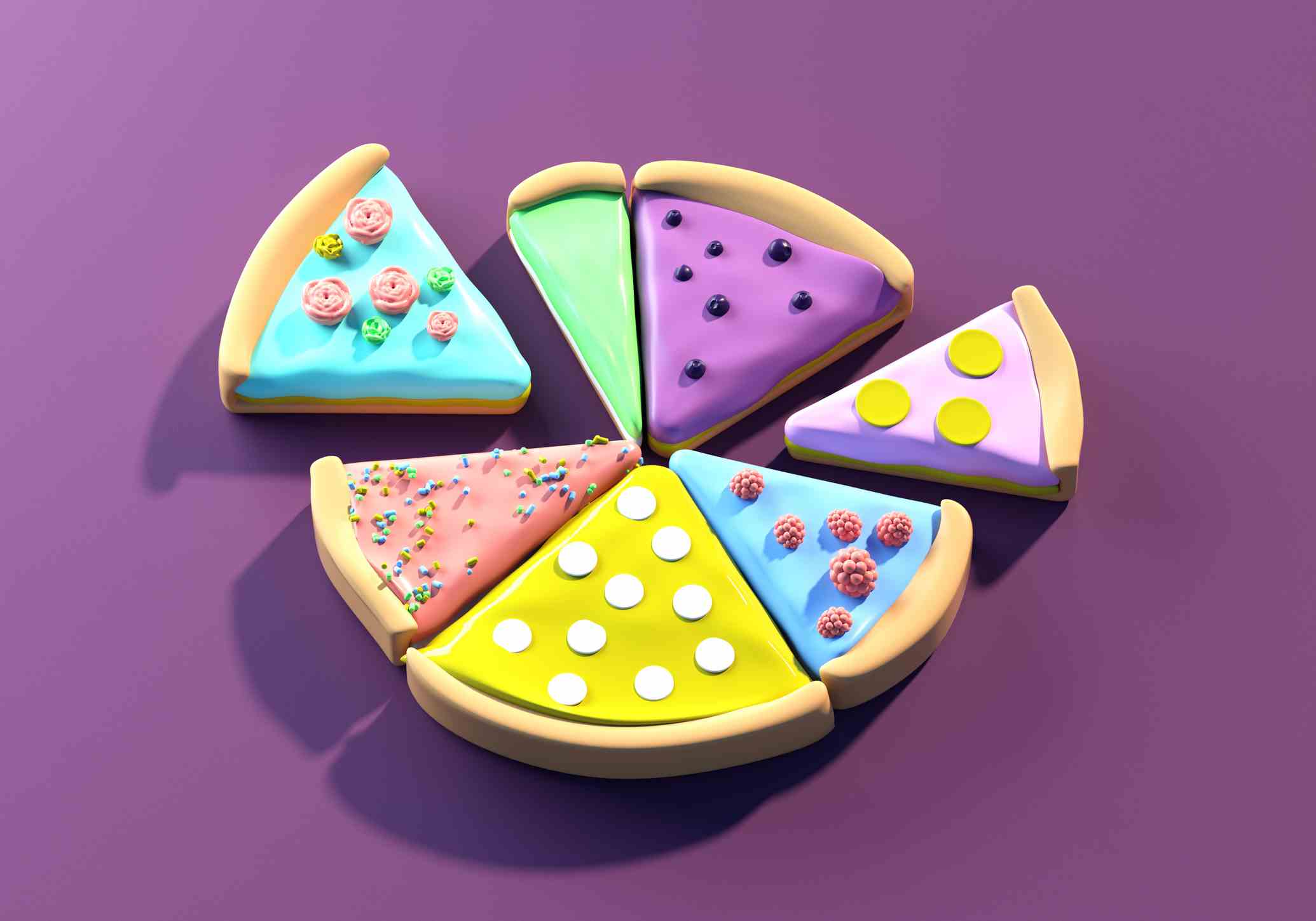 Bild eines abstrakten mehrfarbigen Tortendiagramms aus verschiedenen Tortenstücken auf violettem Hintergrund.