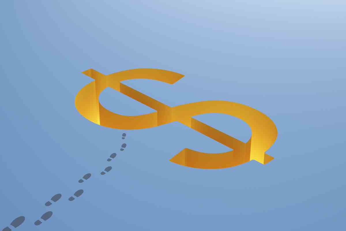 Finanzielles Risikokonzept mit Dollarzeichengrube und -abdrücken auf blauem Hintergrund.  3D-Rendering