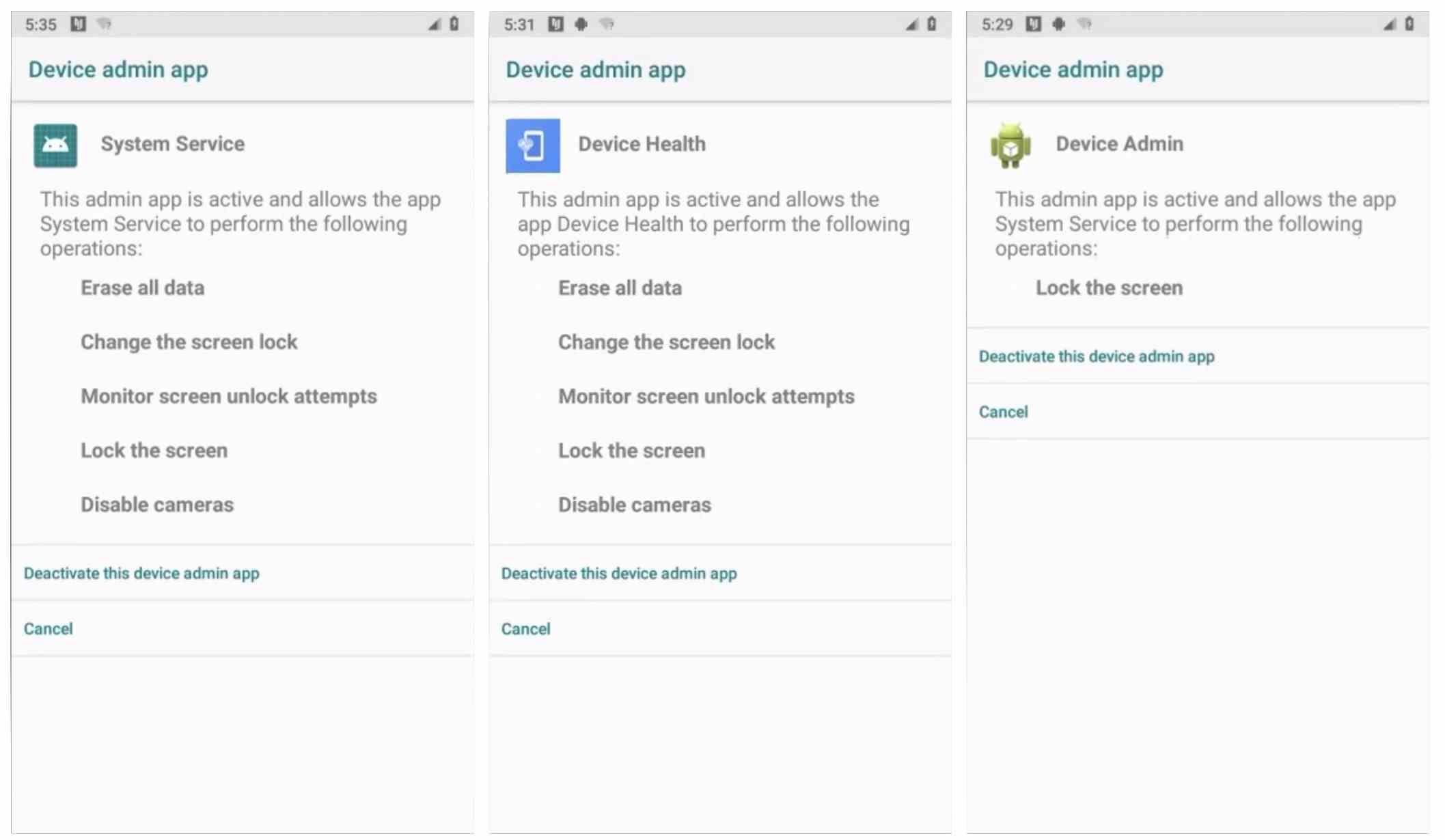 Screenshots, die das Geräteverwaltungs-App-Panel von Android zeigen.