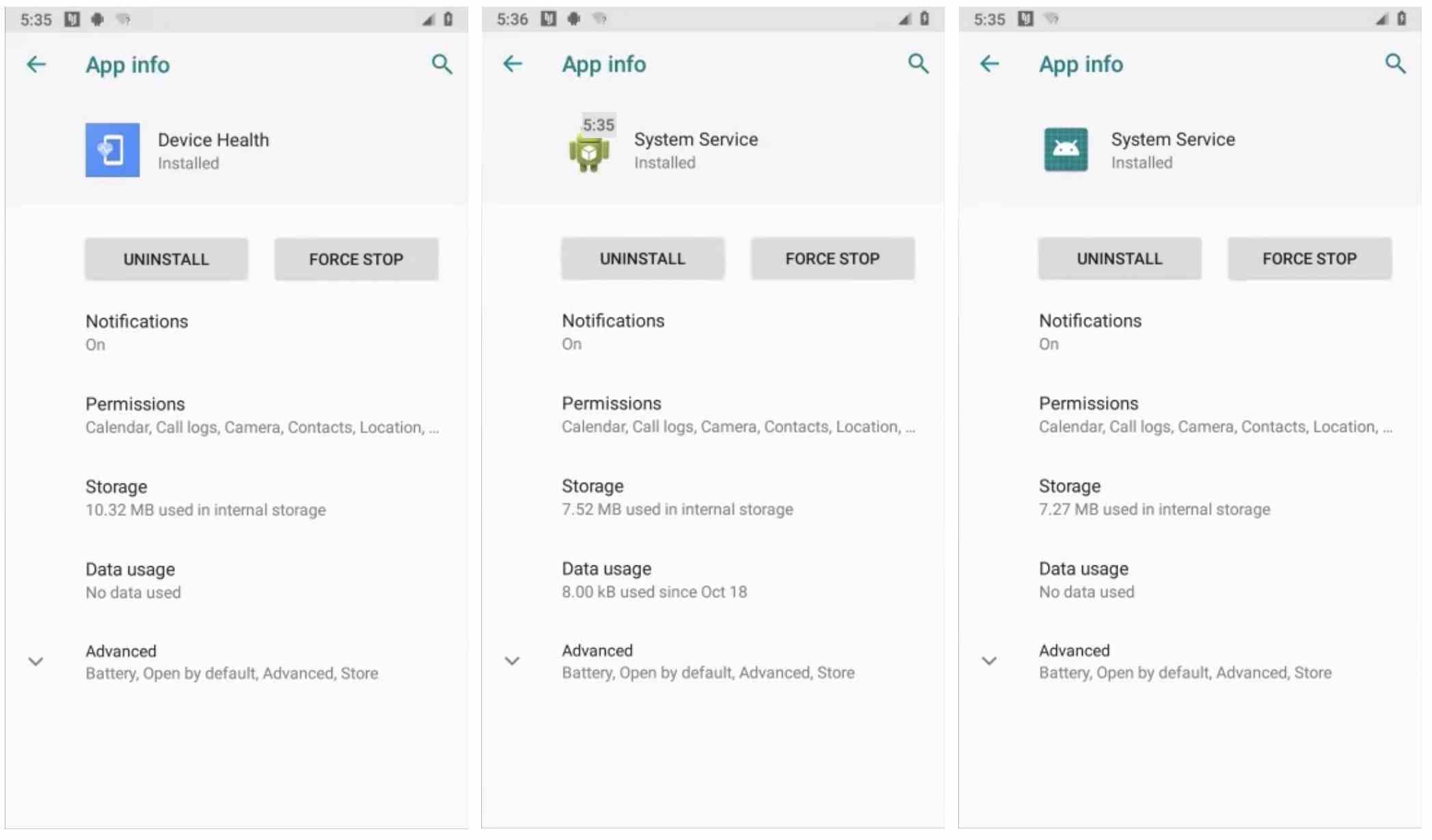 Drei Screenshots von Spyware-Apps namens "Gerätezustand" und "Systemdienst."