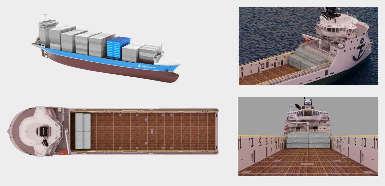 CG-Renderings von Booten, die Schiffscontainerbatterien befördern.