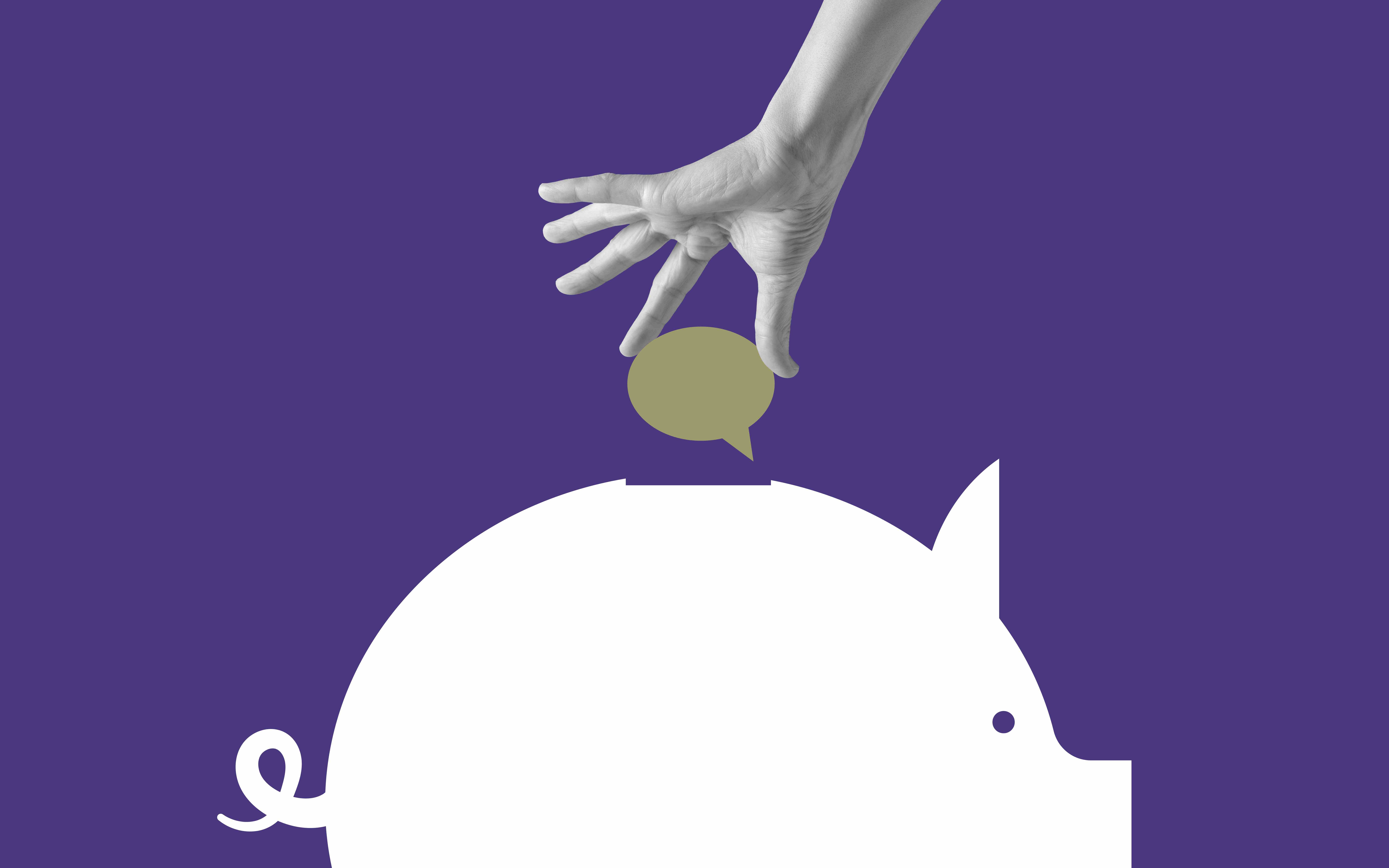 Bild einer Hand, die vor einem violetten Hintergrund eine Sprechblase in ein weißes Sparschwein steckt.