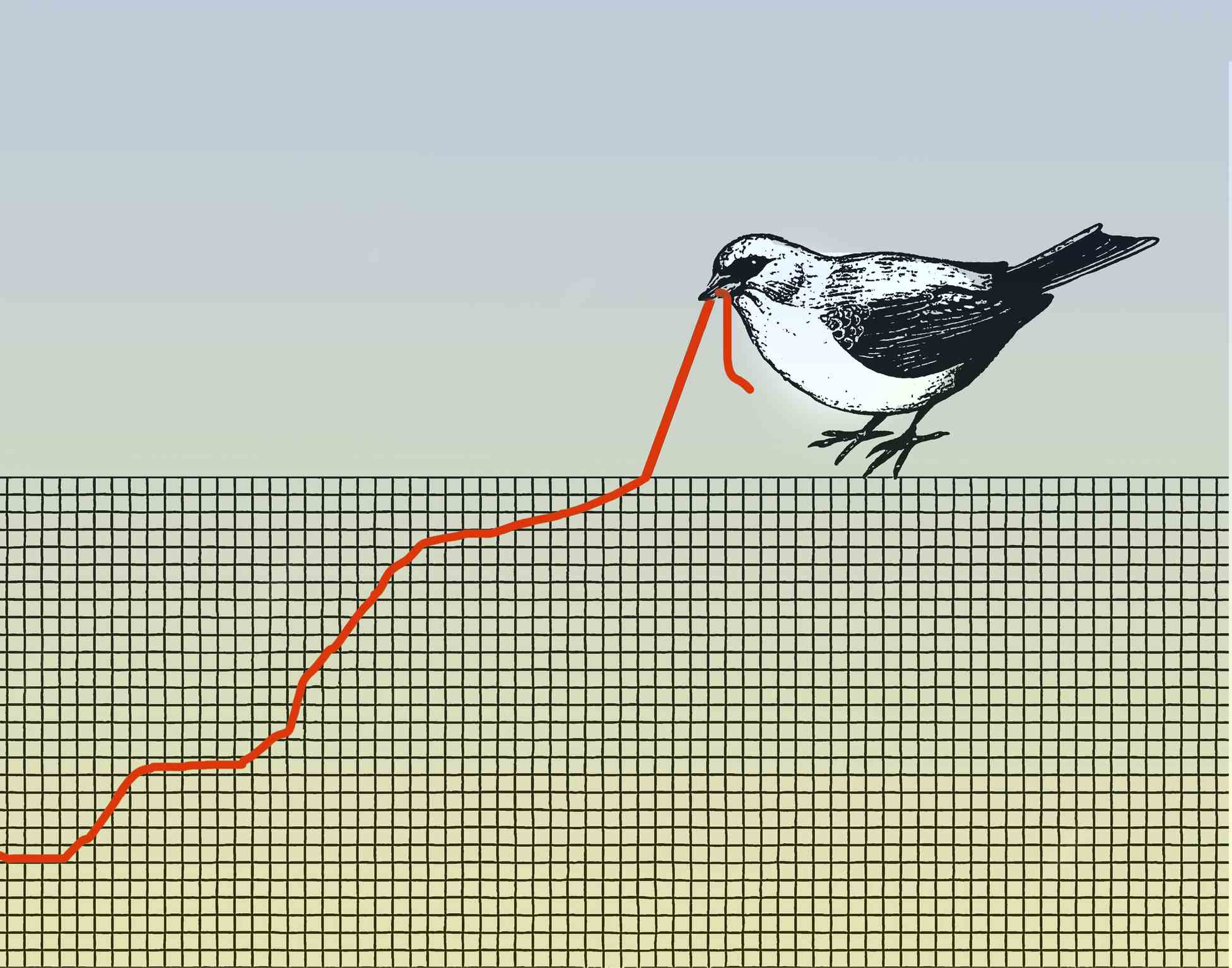 Konzeptionelle Illustration eines Vogels, der an einem Diagramm zieht, das einem Wurm ähnelt, der einen Kampf darstellt.