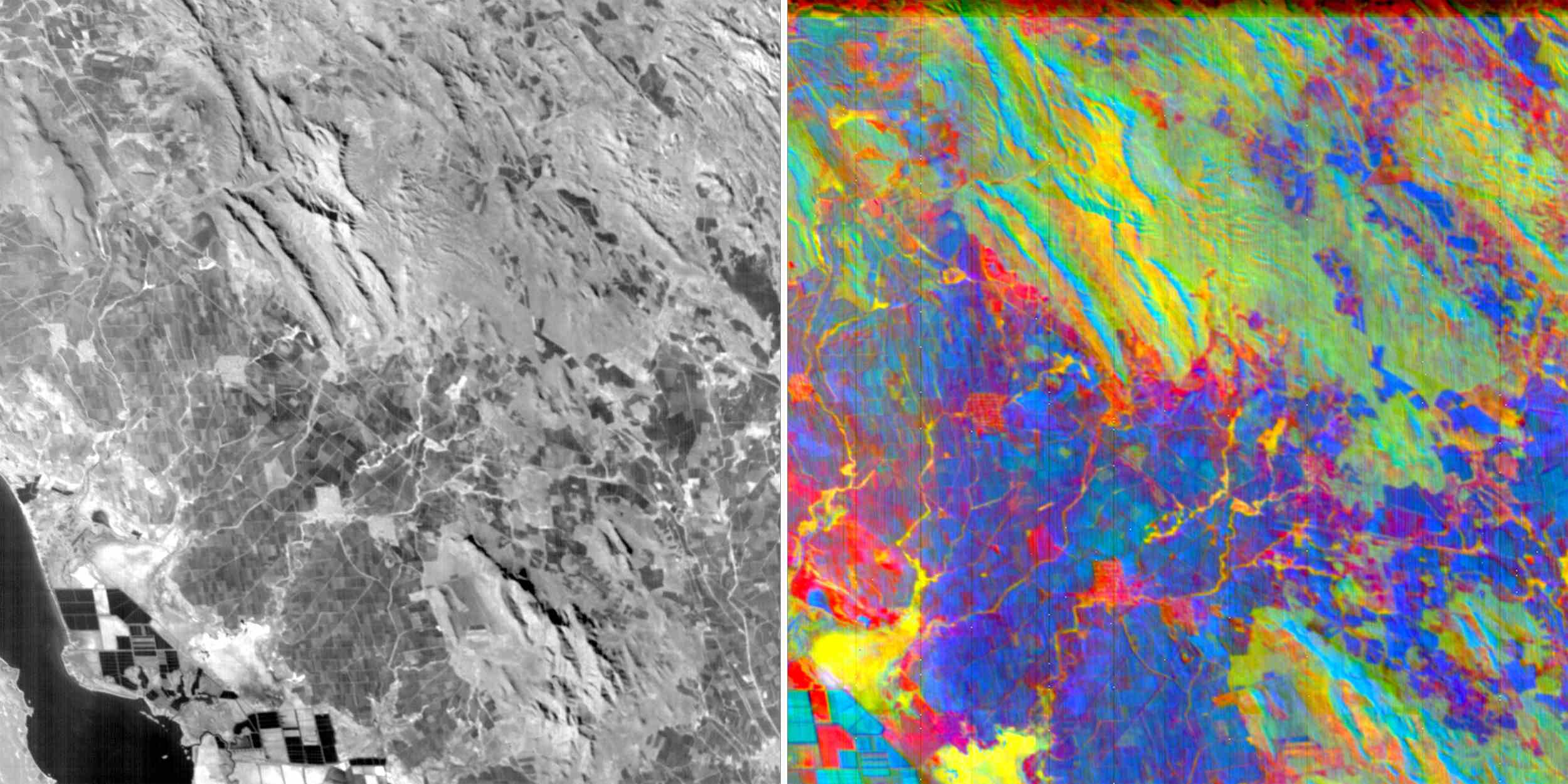 Monochromes Bild links und hyperspektrales Bild rechts einer Satellitenansicht der Berge.