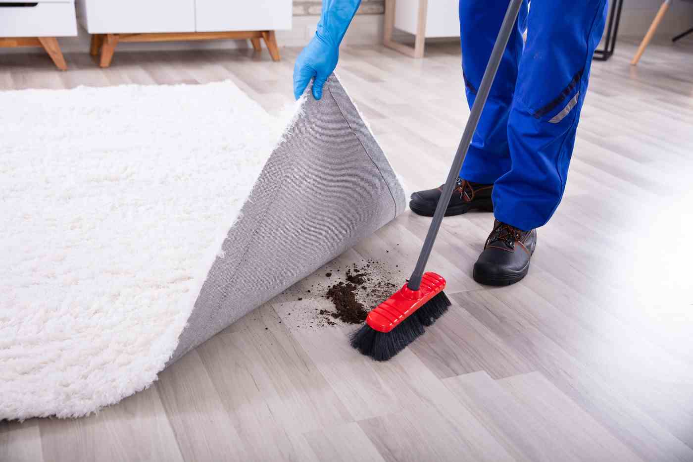 Lowsection-Ansicht eines Hausmeisters, der Schmutz unter dem Teppich mit Mopp reinigt