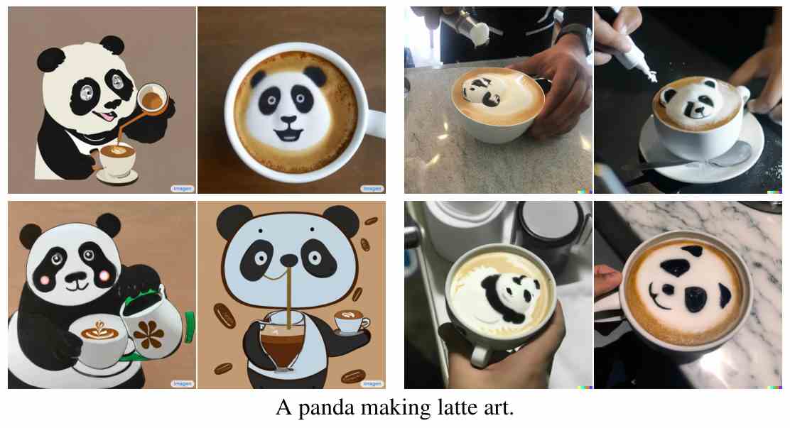 Computergenerierte Bilder von Pandas, die Latte Art herstellen oder darstellen.