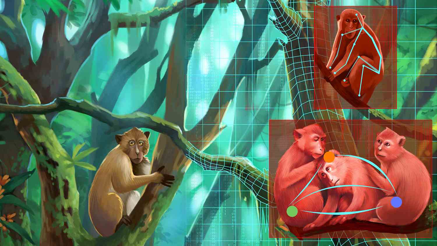 Illustration von Affen in einem Baum, die von einer KI analysiert werden.