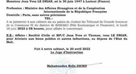 Vorladung des franzoesischen Aussenministers durch einen Richter in Bamako
