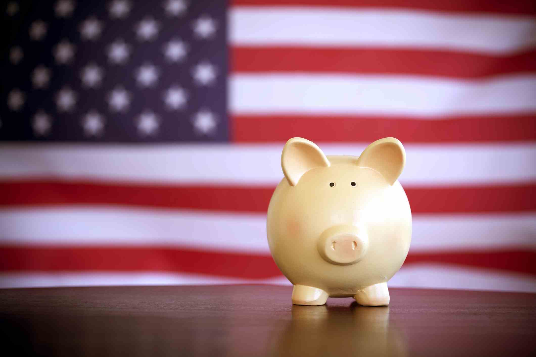 Sparschwein vor amerikanischer Flagge.  Staatsausgaben in tech