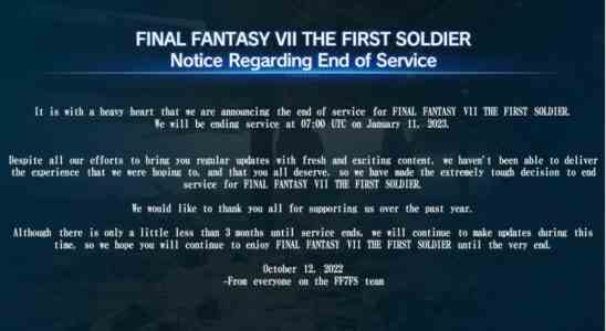 Final Fantasy VII The First Soldier wird im Januar heruntergefahren
