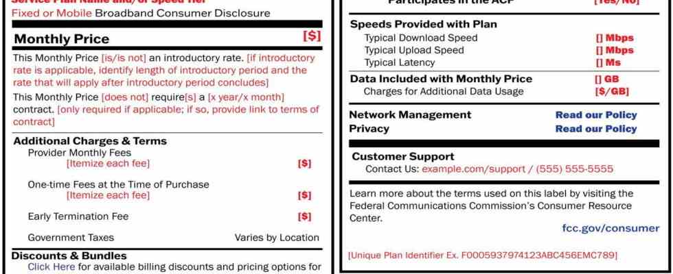 Die FCC befiehlt ISPs Breitband Naehrwertkennzeichnungen mit allen Gebuehren und Beschraenkungen