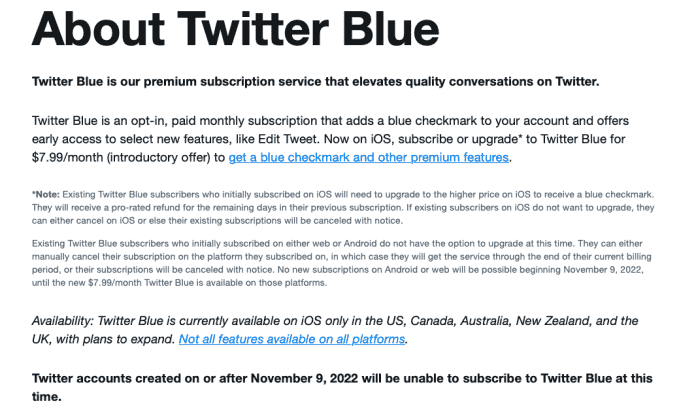 Twitter Blue-Bedingungen vom 10. November, in denen darauf hingewiesen wird, dass Konten, die nach dem 9. November erstellt wurden, sich nicht für Twitter Blue anmelden können