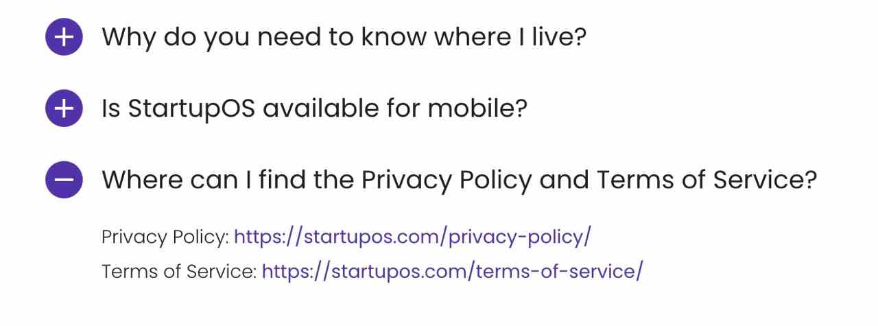 Die Allgemeinen Geschäftsbedingungen von StartupOS wurden am Ende der FAQ der Website vergraben. 