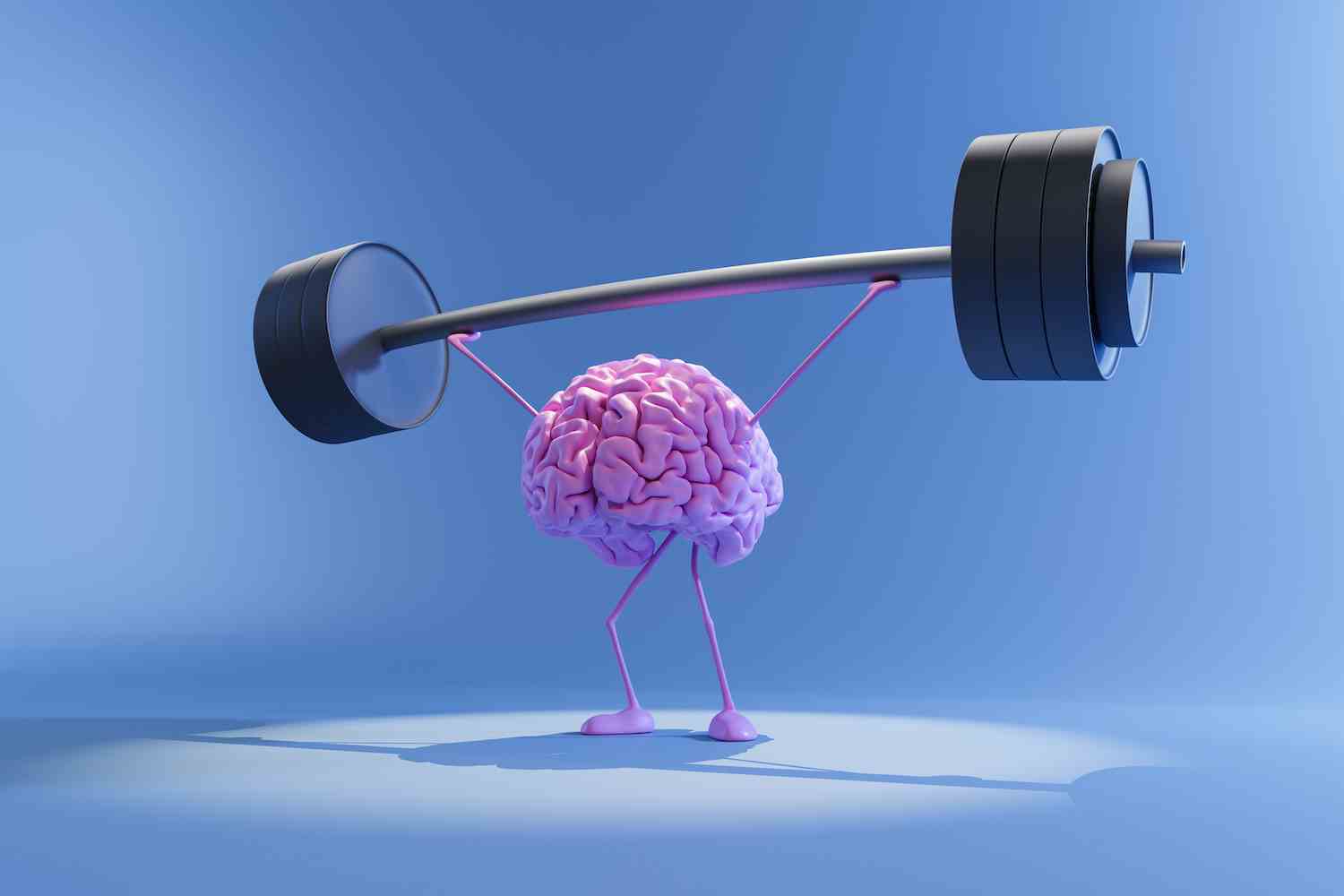 3D-Darstellung des rosafarbenen menschlichen Gehirns beim Heben schwerer Hanteln.  Trainingskonzept für Geist und psychische Gesundheit.  Trainiere dein Gehirn.