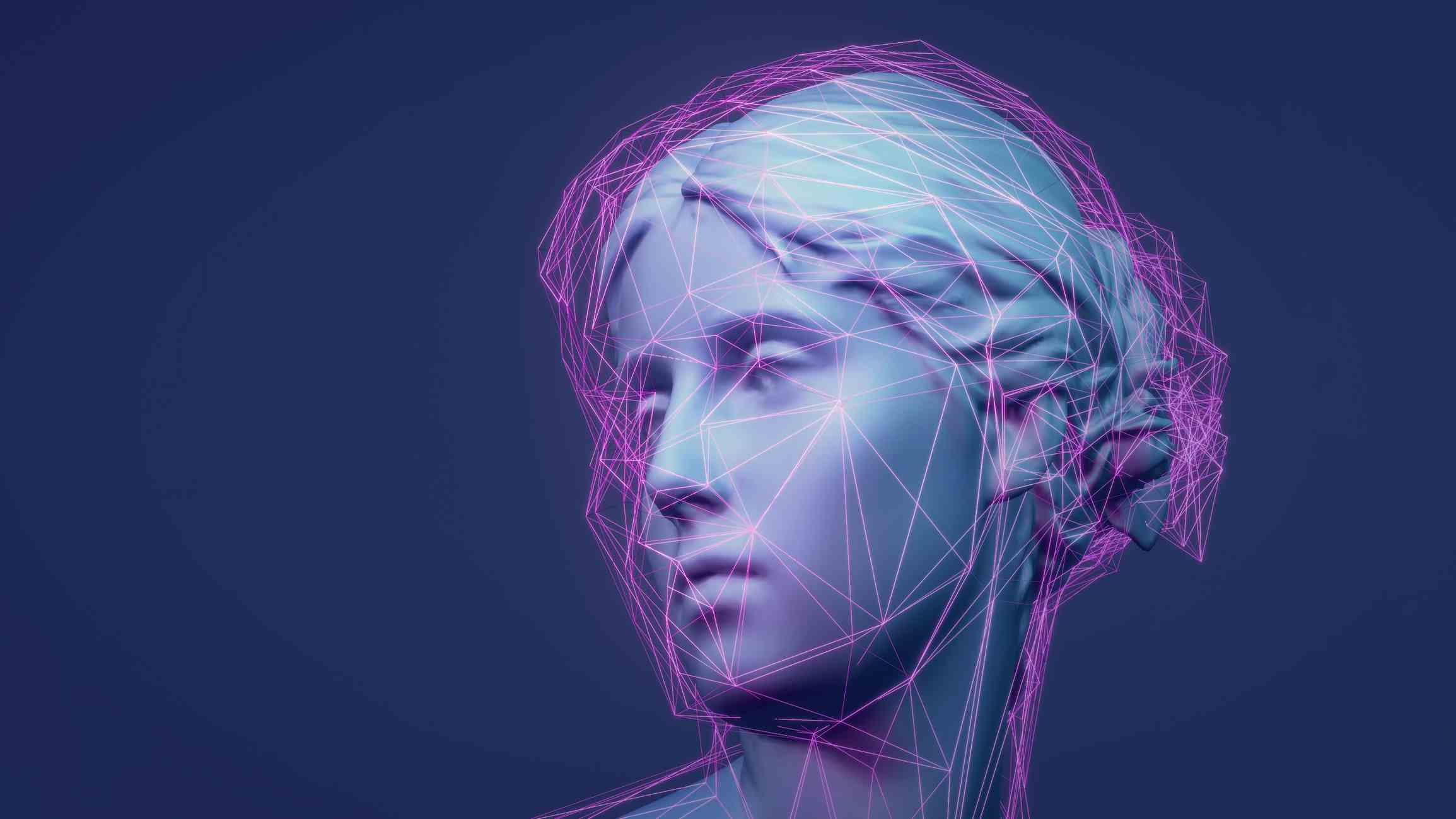 3D-gerenderte klassische Skulptur Metaverse-Avatar mit Netzwerk aus leuchtenden violetten Linien mit niedrigem Poly-Anteil.  Konzept für maschinelles Lernen und künstliche Intelligenz.  Beispiel für ein animiertes 3D-NFT-Artwork.  Hintergrund der Web 3.0-Technologie.