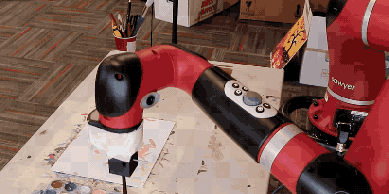 FRIDAs Roboterarm versucht KI Kunst im DALL E Stil auf reale Leinwaende zu