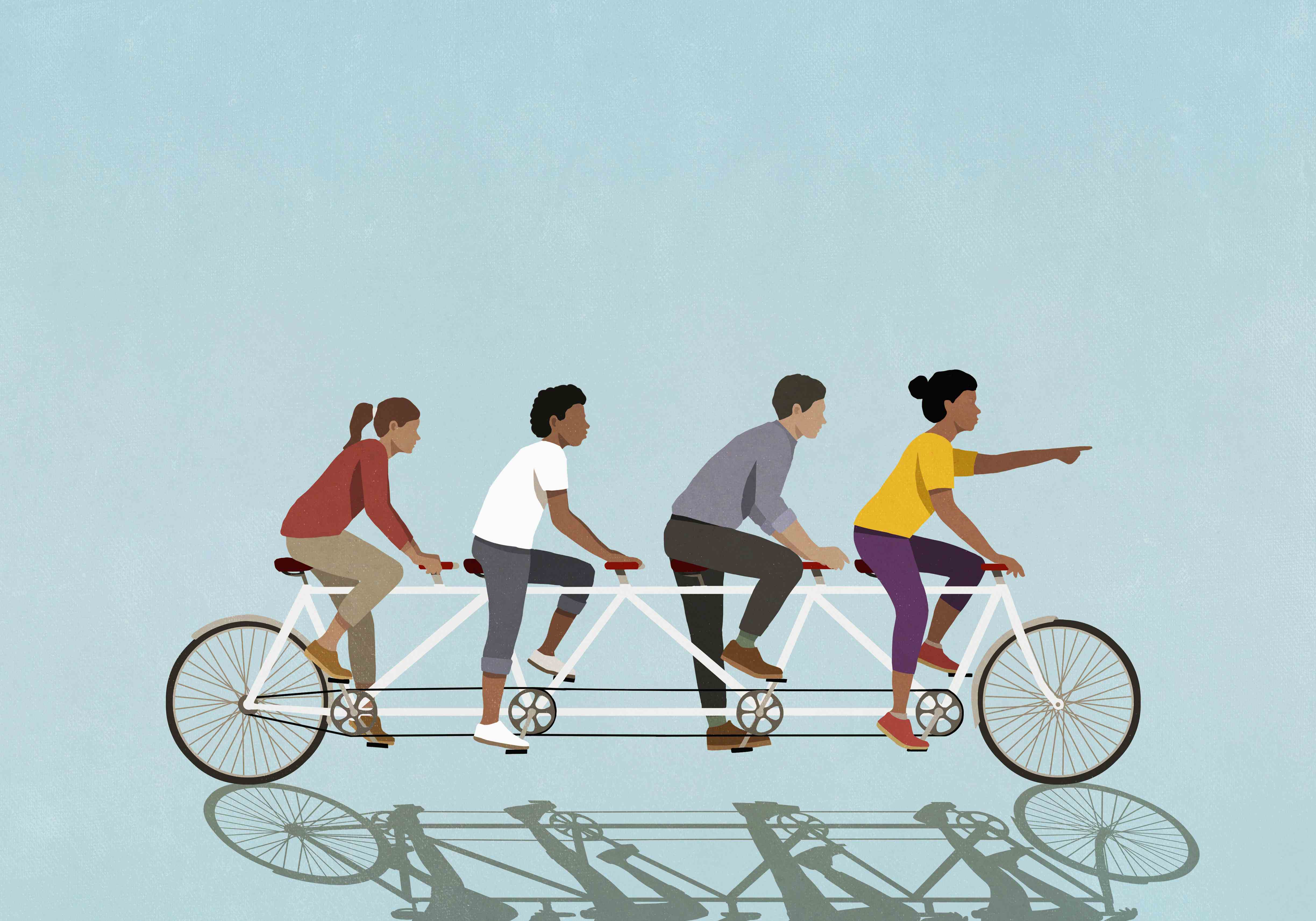 Illustration von Freunden, die ein Tandemfahrrad auf blauem Hintergrund fahren.