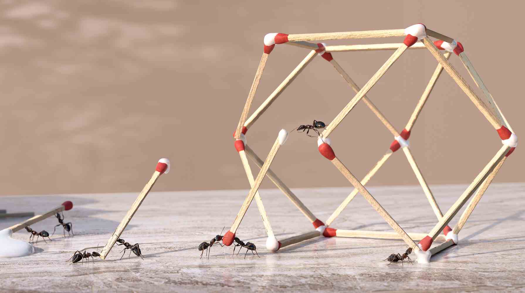 Eine Gruppe von Ameisen, die als Team zusammenarbeiten, um aus Klebstoff und Streichhölzern eine dreidimensionale geometrische Skulptur zu formen.  Die Ameisen tauchen Enden von Streichhölzern in Klebstoff, der aus einer Klebstoffflasche tropft, und platzieren sie in Position, um die Form auf einer Marmorarbeitsplatte zu formen.