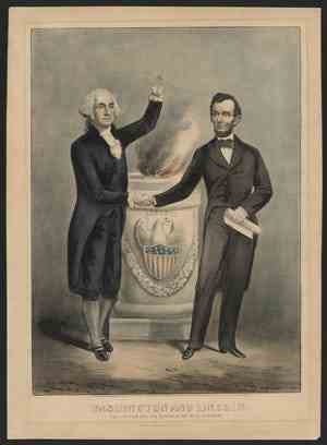 Ce portrait Currier & Ives de Washington et Lincoln se trouve à la Bibliothèque du Congrès.