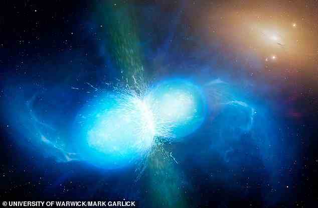 Représentation artistique d'étoiles à neutrons fusionnant, créant des ondes gravitationnelles et résultant en une kilonova