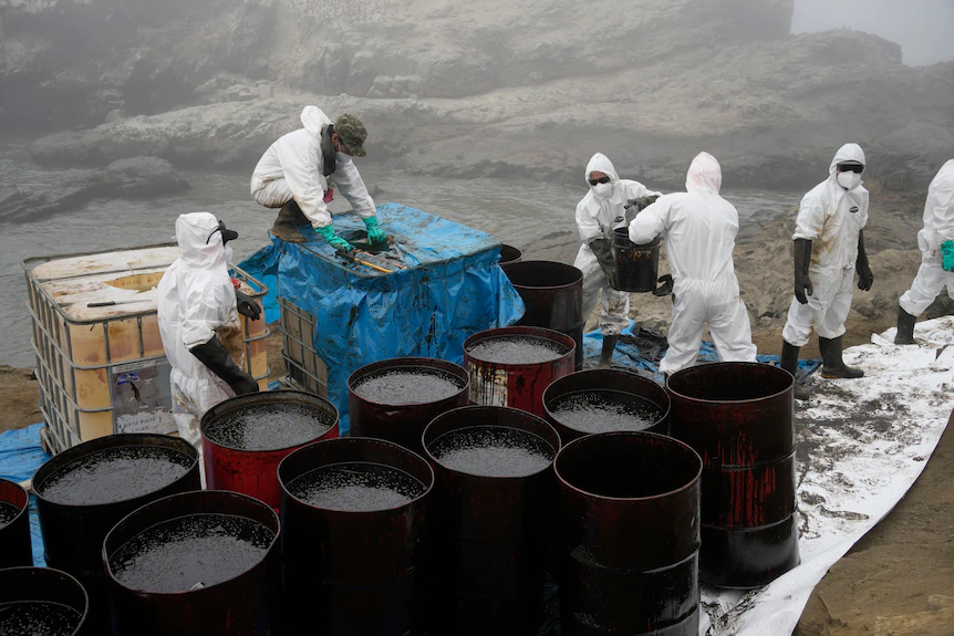 Des travailleurs en tenue de protection contre les matières dangereuses récupèrent plusieurs barils de pétrole sur une plage polluée. 