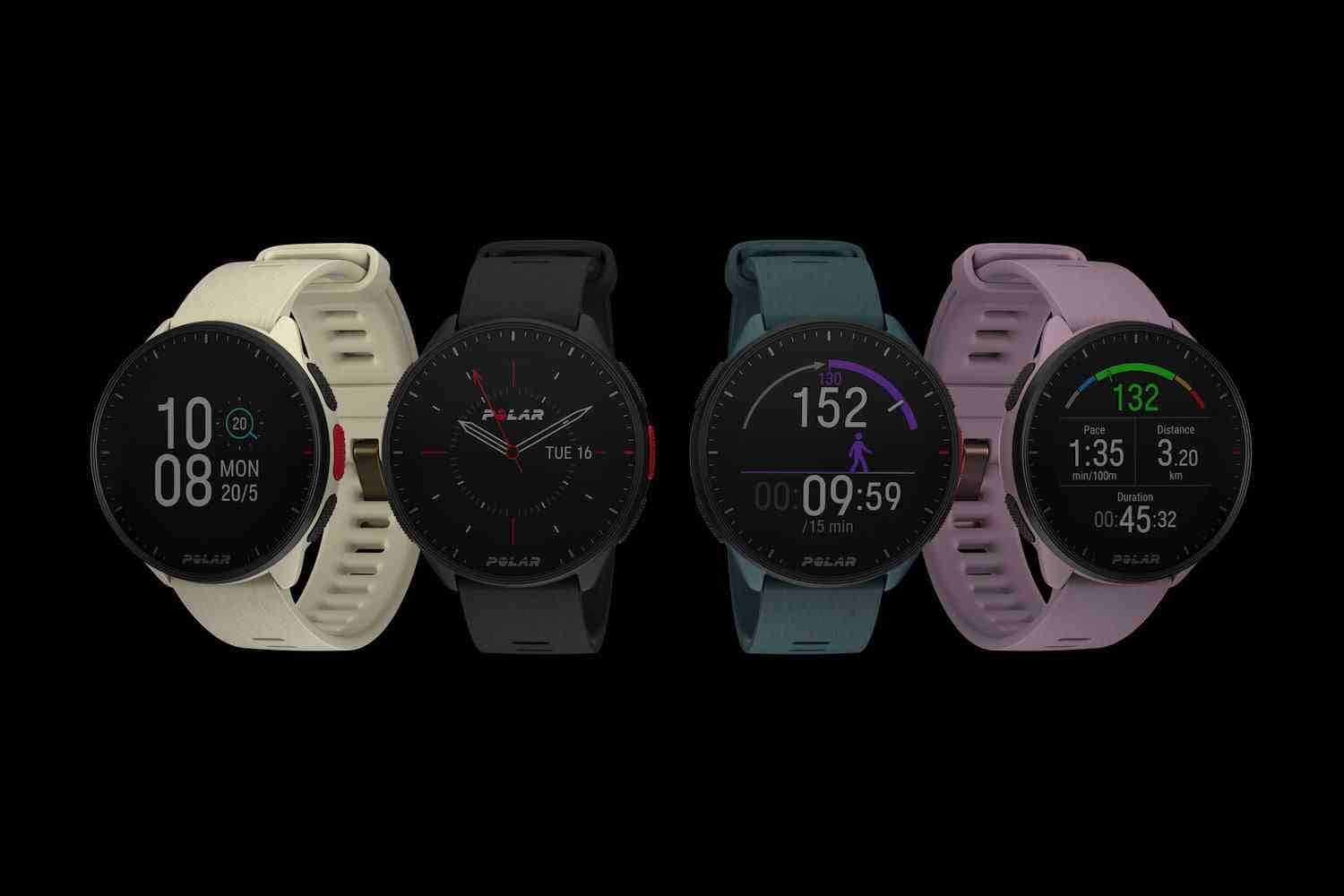 Options de couleur de la montre connectée Polar Pacer.