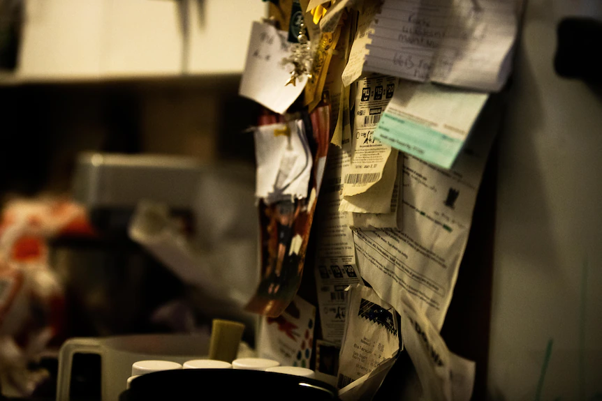 Un fouillis de reçus et de notes épinglés sur un mur dans une cuisine.