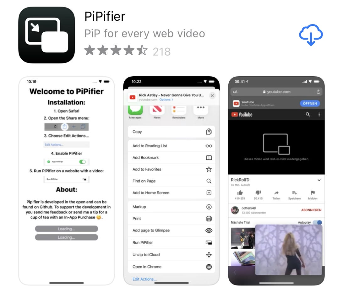 Page PiPifier sur l'App Store avec des captures d'écran de l'application