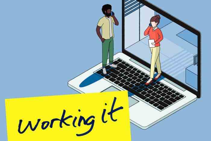 Une illustration de notre image Working It, un collage de deux travailleurs debout sur un ordinateur portable avec un post-it Working it au premier plan