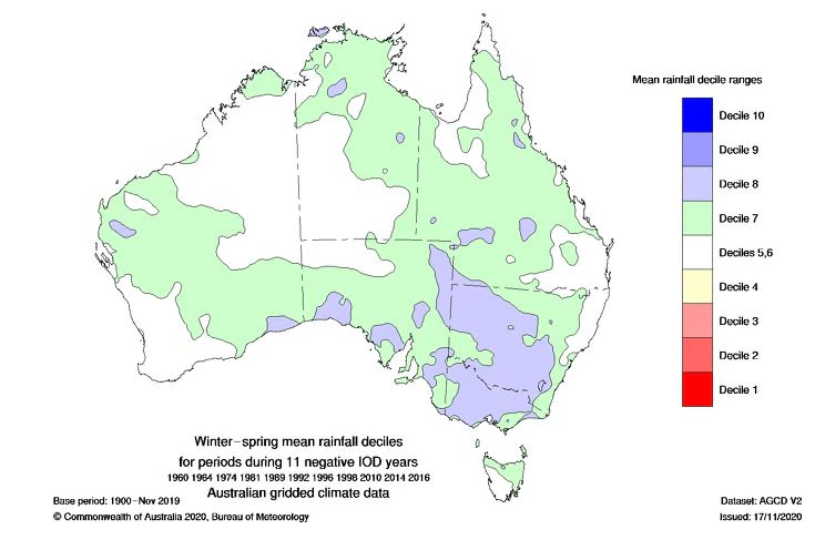 Une carte montrant les endroits où les précipitations sont susceptibles d'augmenter pendant une période IOD négative