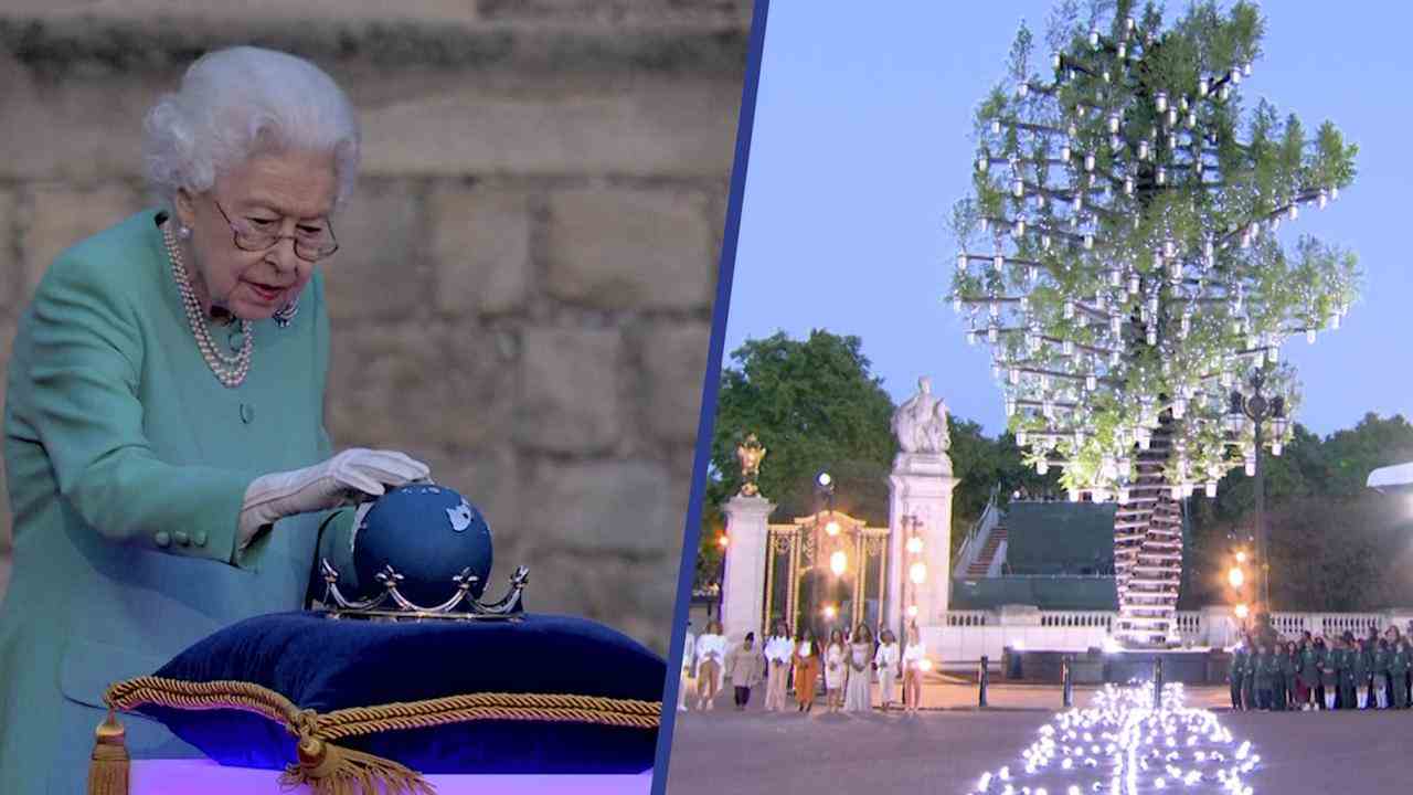 Beeld uit video: Koningin Elizabeth steekt lichtbakens aan ter ere van jubileum