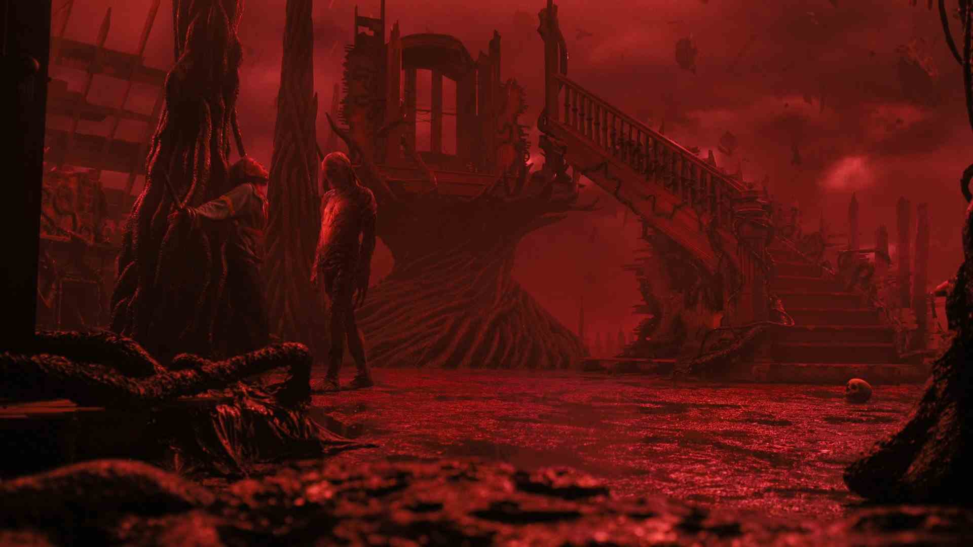 Les os d'une maison reposent dans un monde teinté de rouge alors qu'une créature ressemblant à un humain marche vers une fille réticente.