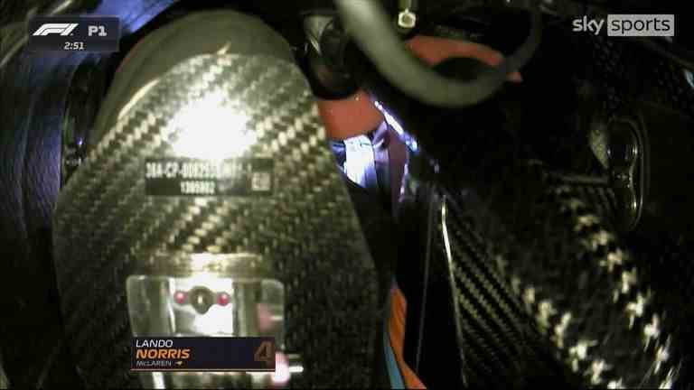 Regardez Lando Norris de McLaren tester la nouvelle caméra à pédale sur sa voiture lors de la première séance d'essais avant le Grand Prix de Grande-Bretagne.