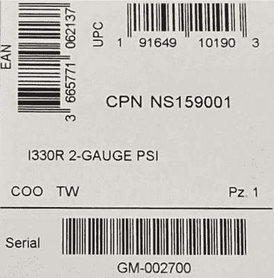 Étiquette du carton de l'ordinateur de plongée sous-marine Aqualung i330R rappelé 2-GAUGE PSI (CONSOLE) Modèle : NS159001 Préfixe de la série : GM
