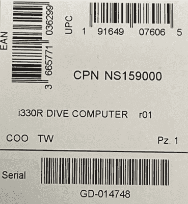 Étiquette du carton de l'ordinateur de plongée sous-marine Aqualung i330R rappelé Modèle : NS159000 Préfixe de la série : GD