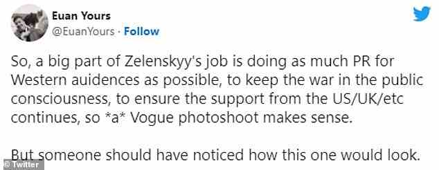 De nombreux utilisateurs ont évoqué l'idée que Zelensky et Zelenska utilisent Vogue pour rappeler aux gens l'urgence en Ukraine