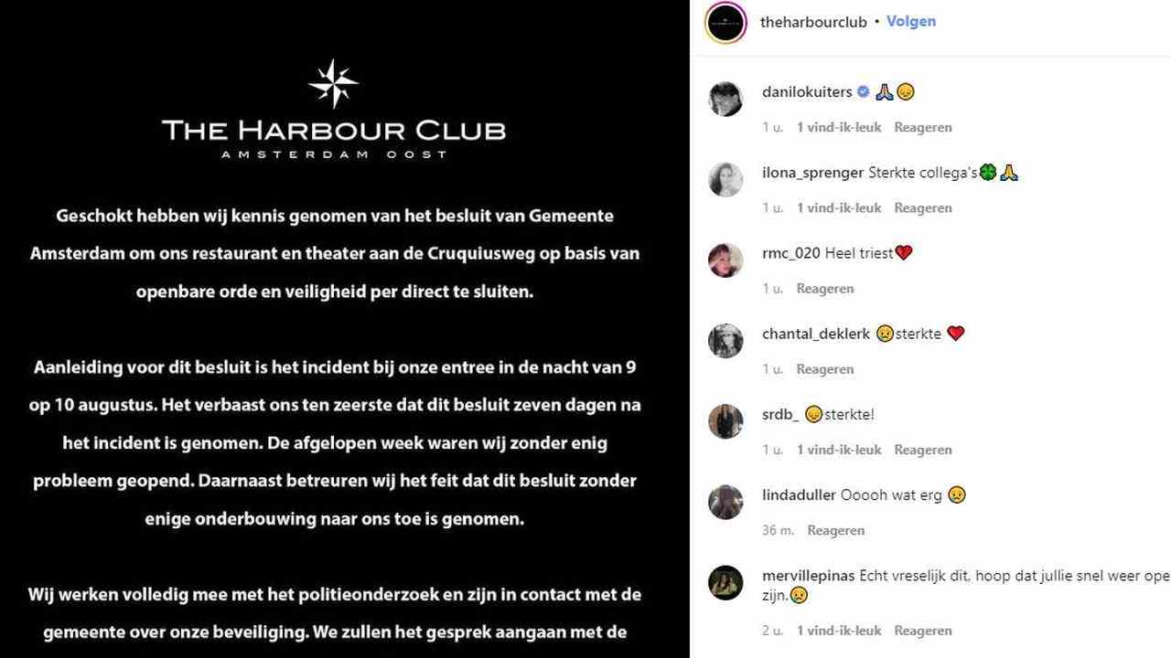 Le message du Harbour Club sur Instagram.