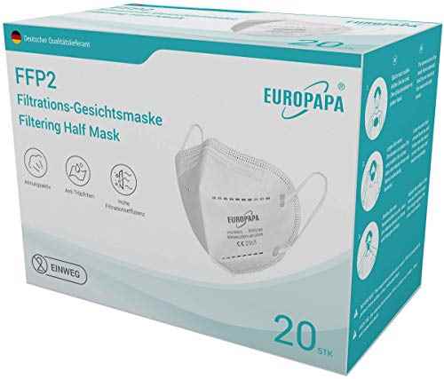 EUROPAPA 20x Respirator FFP2 5-ply mask CE | 2163 - tested by DEKRA - hygienic single packaging