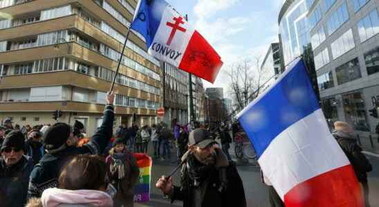 The freedom convoys demonstrate in the center of Brussels on