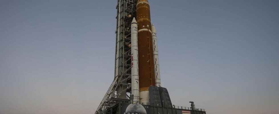 In iconic images the giant SLS rocket set up for