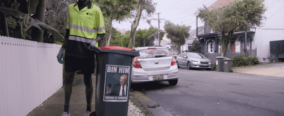 anti Scott Morrison posters on trash bins as election approaches
