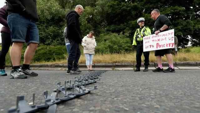 In the West Yorkshire area, protesters put a device on the highway that punctured the tires of the vehicles.