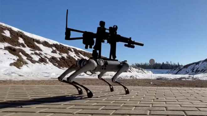 Come watch the robot dog shoot with the gun on