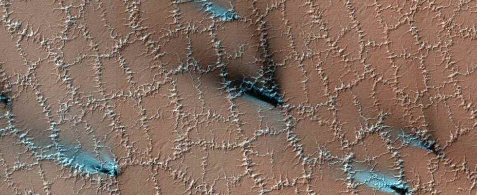 Strange shapes with black streaks on the surface of Mars