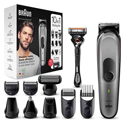 Braun 7 All-in-One, 10-in-1 Electric Beard Trimmer for Men, Trimmer for Face, Hair, Body, Ears, Nose, with AutoSense Technology, 8 Attachments, Black/Silver, MGK7320