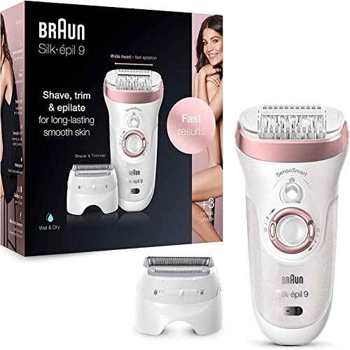 Braun Silk-épil 9 Women's Electric Epilator, White/Rose Gold Shaving Head and Trimmer, Micro-Grip Tweezers Technology, High Frequency Massage Attachment, Wet & Dry, 9-720