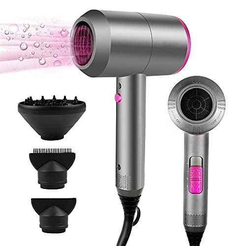 Professional Ionic Hair Dryer 2000W HappyGoo Hair Dryer 1 Diffuser 2 Styling Nozzles 3 Heaters Thermo Protect Hair Dryer for Family and Hair Salons (Silver Pink)