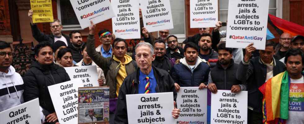 Pro LGBT demonstrators protest outside the Qatar Embassy in London