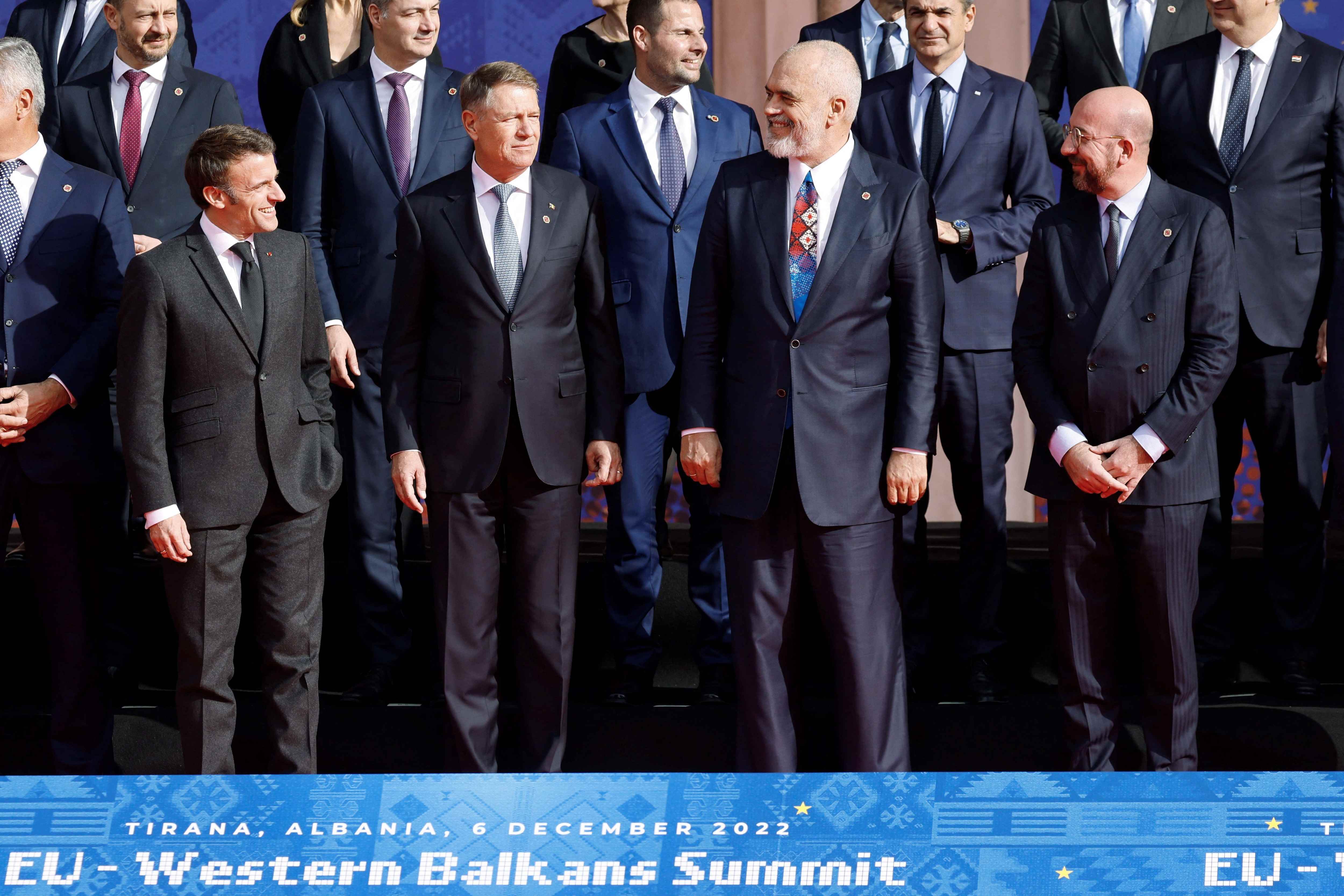 From left to right, front row: French President Emmanuel Macron, Romanian President Klaus Werner Iohannis, Prime Minister of Albania Edi Rama and President of the European Council Charles Michel, on December 6, 2022 in Tirana.