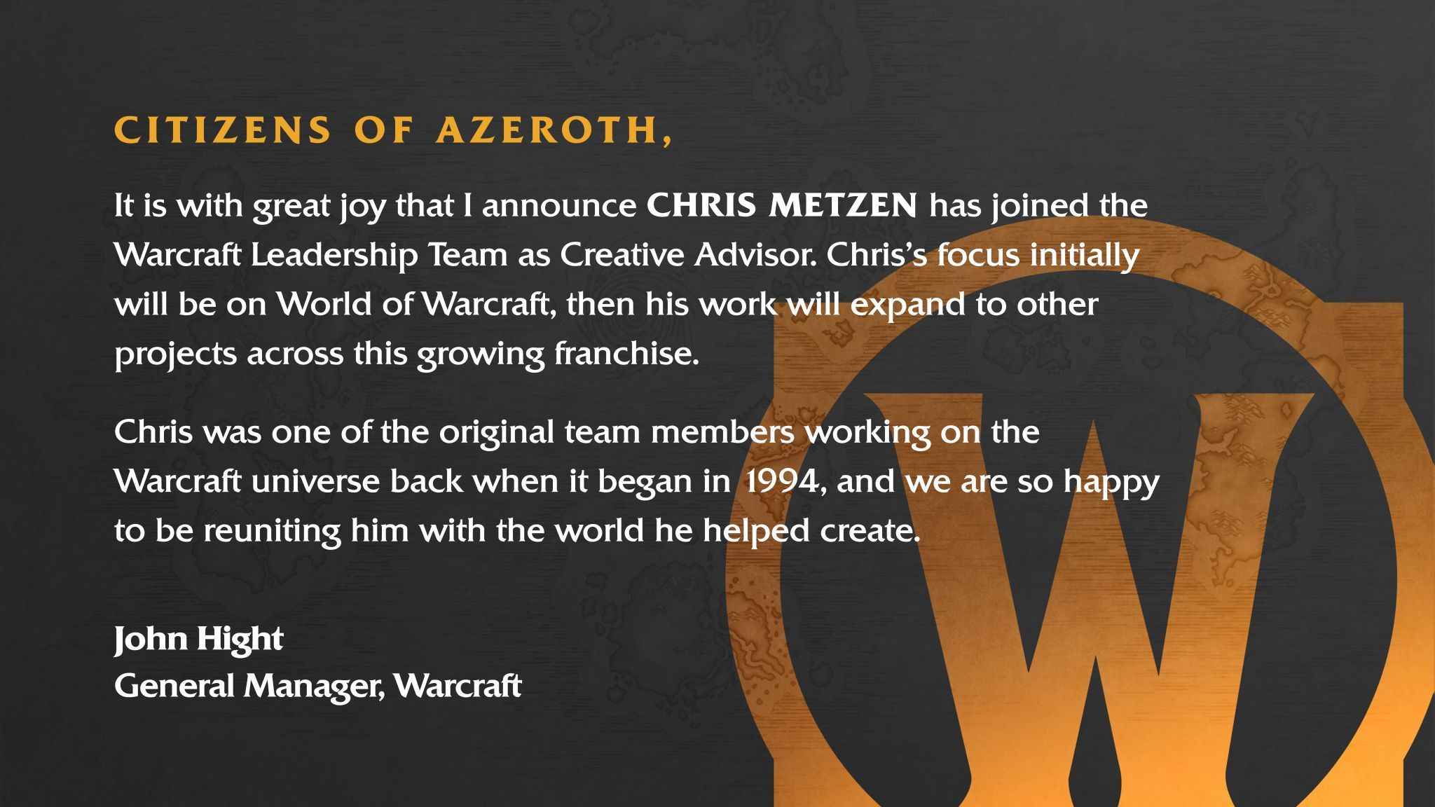 Chris Metzen returns to World of Warcraft